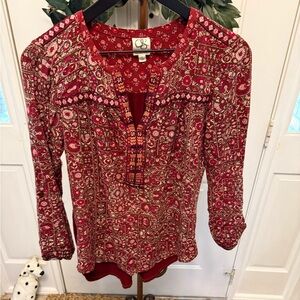 One September Anthropologie Mataura Boho Peasant Embroidered Floral Top LS S